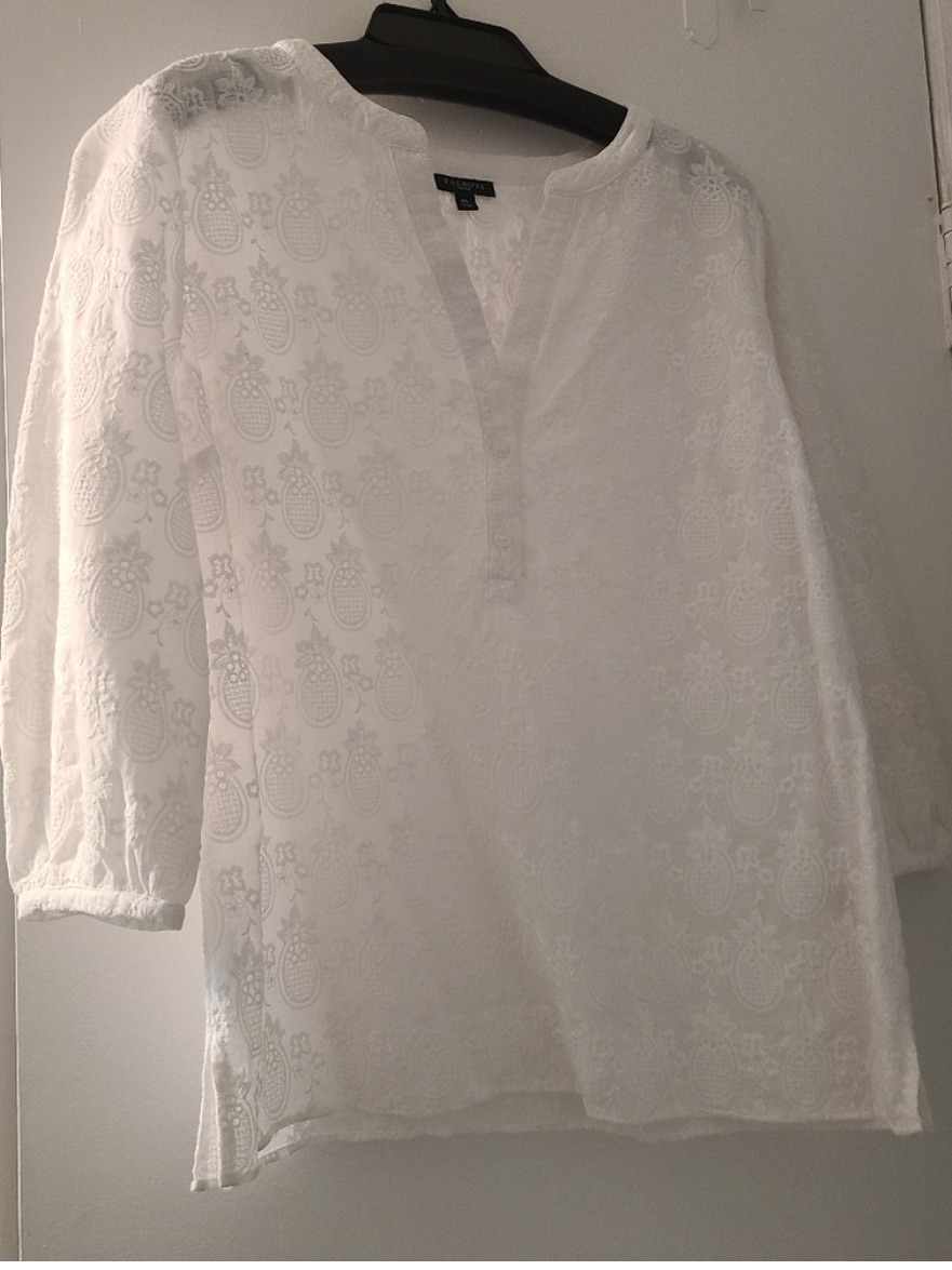 Talbots Eyelet Pintuck Popover-Pineapple Embroidered Split-Neck Tunic